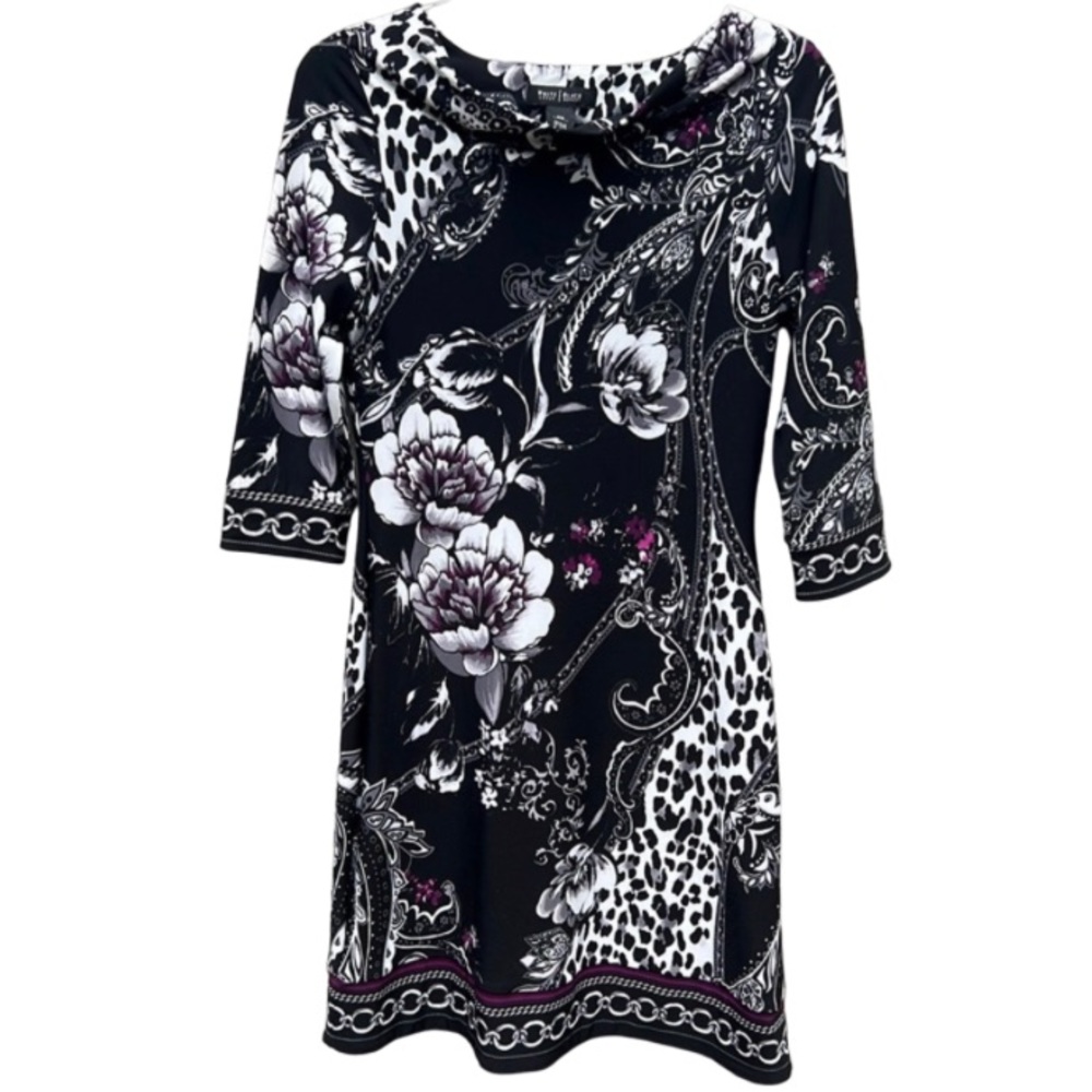Elegant WHBM Dress Black, White, Fuchsia, Size XS 3/4 Sleeves